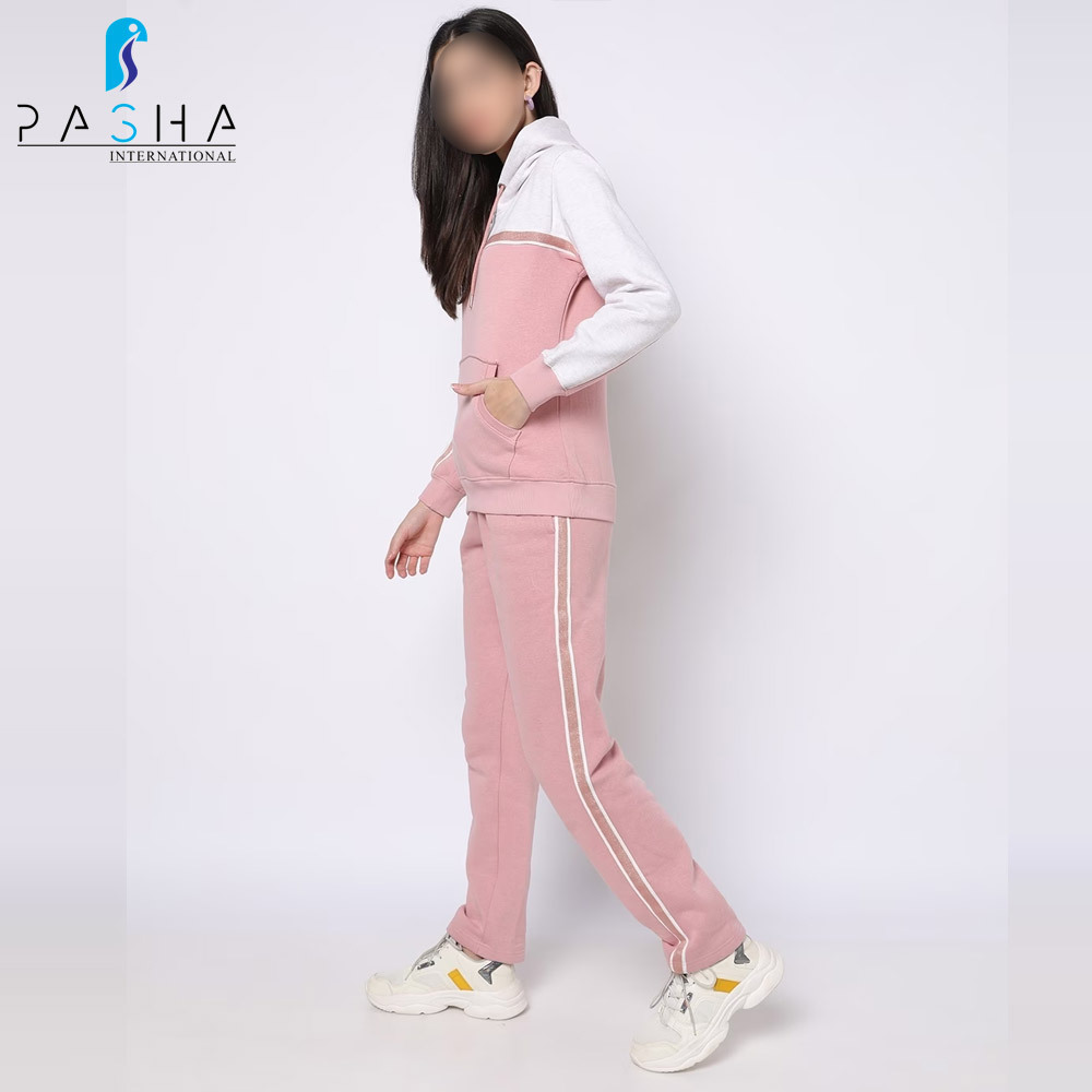 Latest Design Pink And White Contrast Tracksuit Hoodie With Pant 2 Piece Set Women Tracksuit BY PASHA INTERNATIONAL