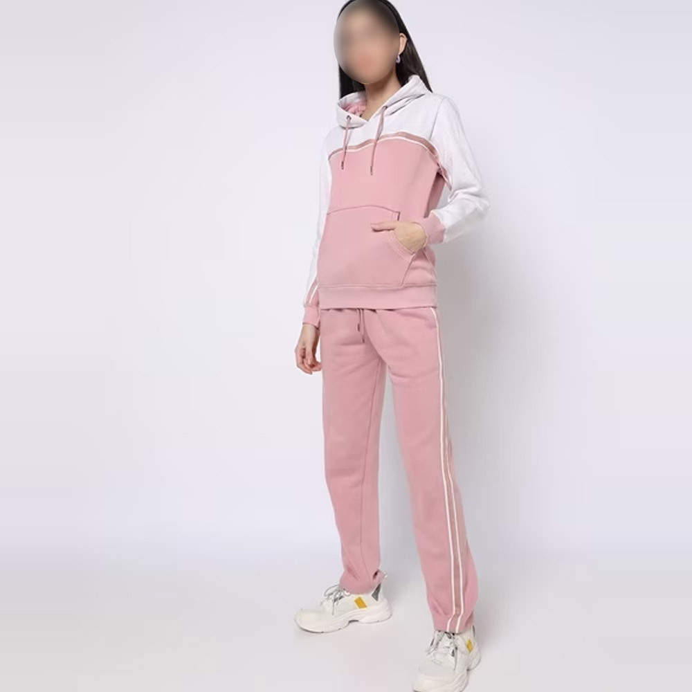 Latest Design Pink And White Contrast Tracksuit Hoodie With Pant 2 Piece Set Women Tracksuit BY PASHA INTERNATIONAL