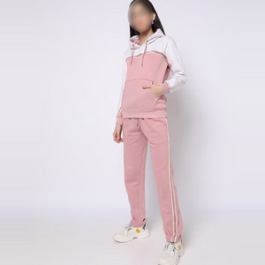 Latest Design Pink And White Contrast Tracksuit Hoodie With Pant 2 Piece Set Women Tracksuit BY PASHA INTERNATIONAL