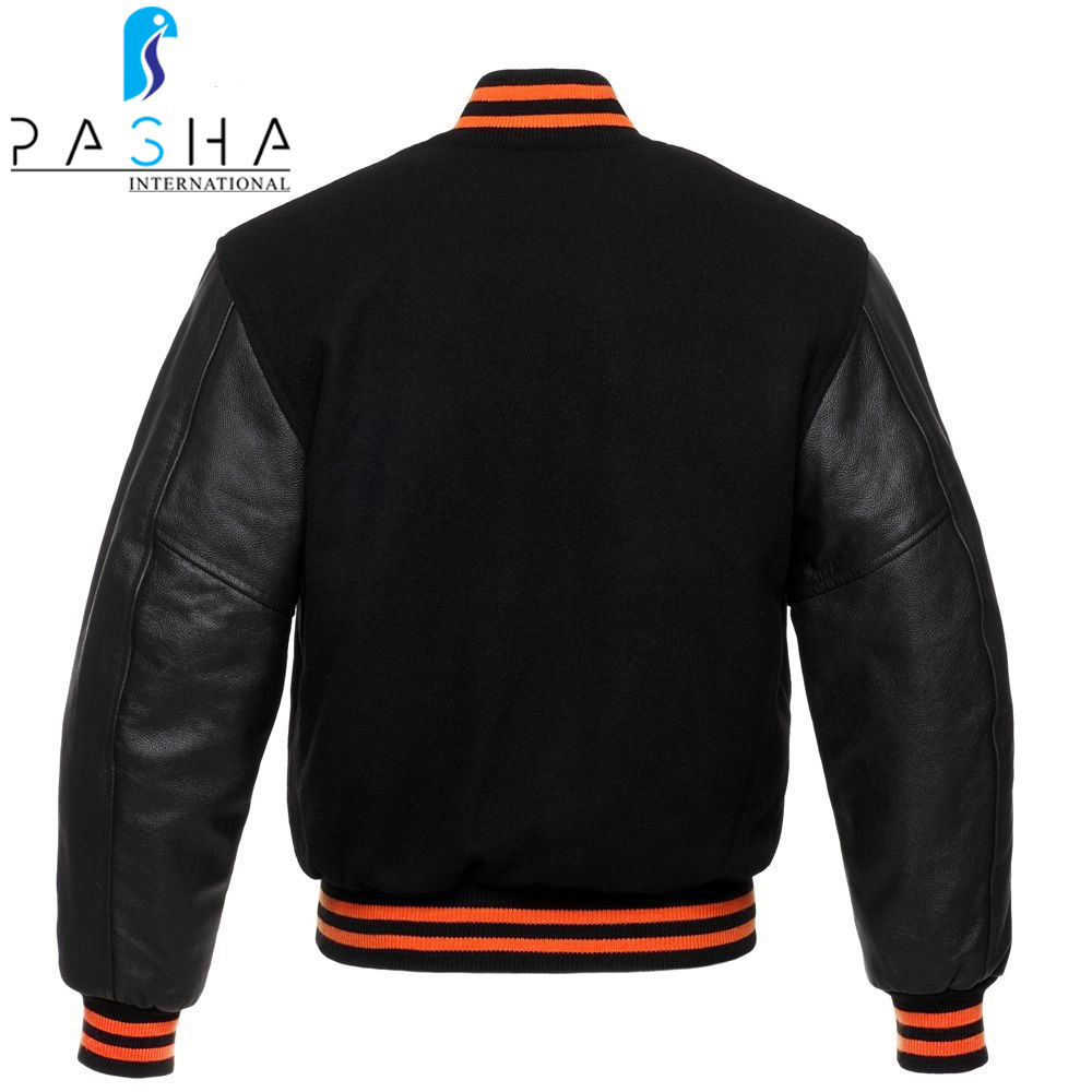 Superb Quality Black Leather Sleeves Varsity Jacket High Quality Bright Color Men Wear Varsity Jacket BY PASHA INTERNATIONAL