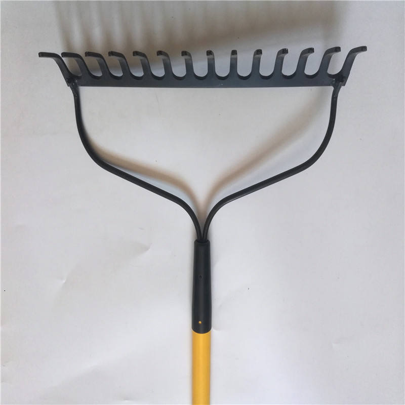 14-tine 140cm Yellow Handle Rake Shaft Artificial Grass Rake Garden Painted Wooden Handle Leaf Rake