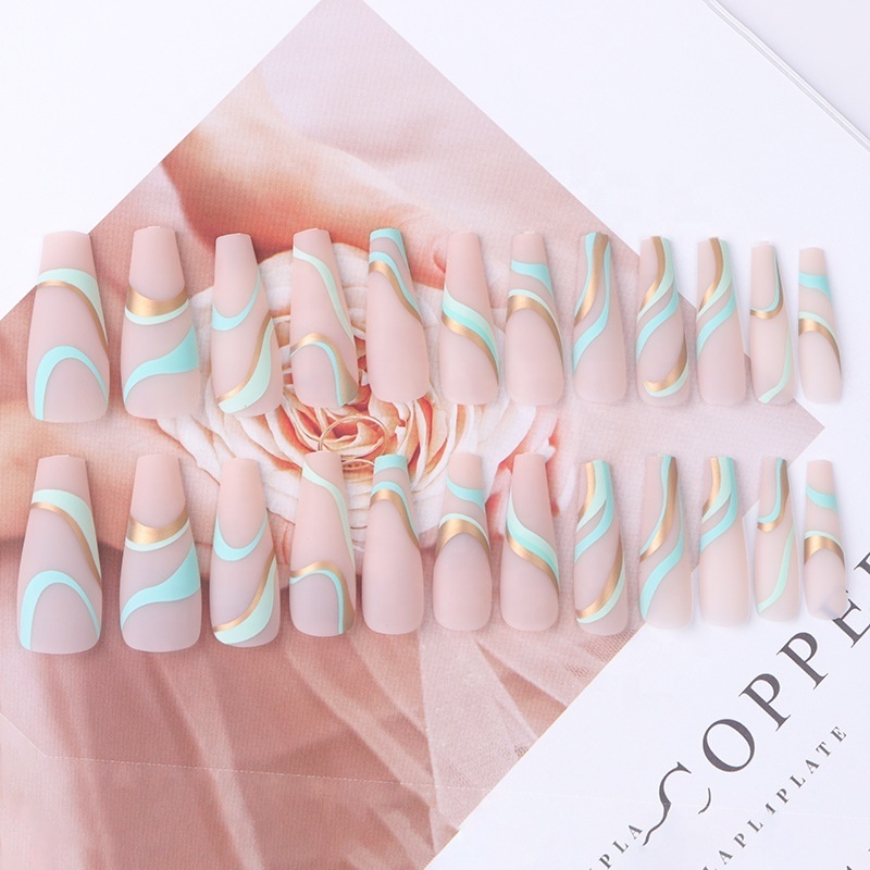 Paso Sico 24pcs/Set Sticker Gold Wave Ballerina Full Cover Press on Nail Art Tips Artificial Long Coffin Designed Press On Nails