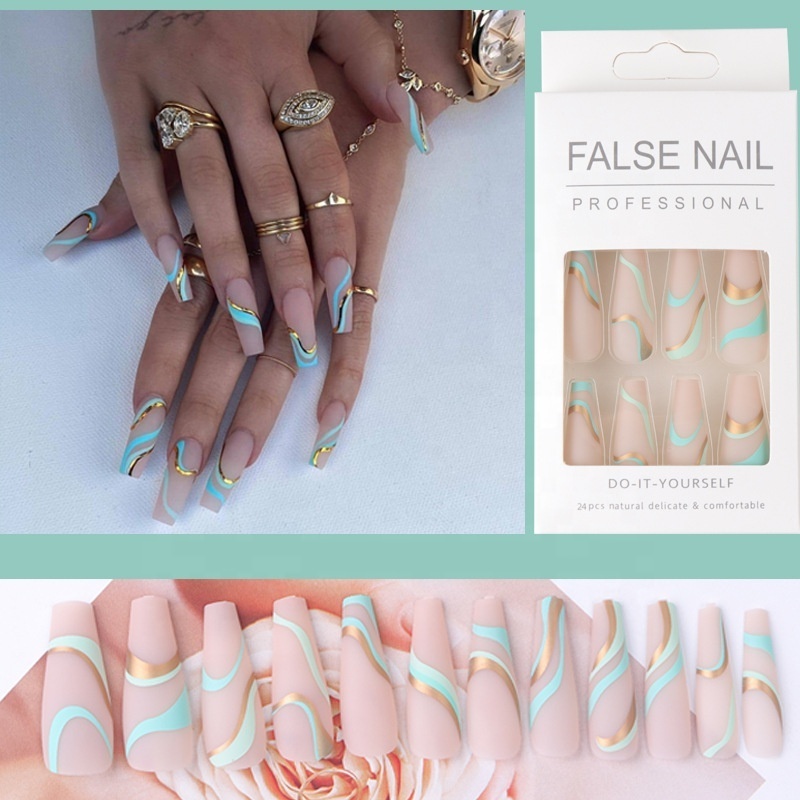 Paso Sico 24pcs/Set Sticker Gold Wave Ballerina Full Cover Press on Nail Art Tips Artificial Long Coffin Designed Press On Nails