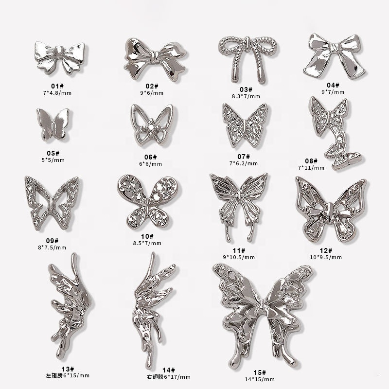 Paso Sico Luxury Silver Butterfly 3D Bow Alloy Wings Nail Charms for Women Nails Decoration 10pcs/bag