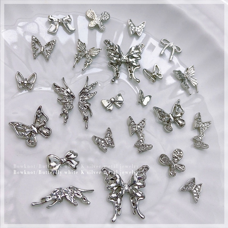 Paso Sico Luxury Silver Butterfly 3D Bow Alloy Wings Nail Charms for Women Nails Decoration 10pcs/bag