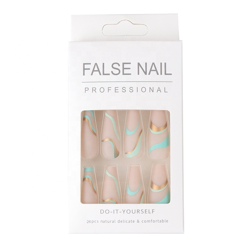 Paso Sico 24pcs/Set Sticker Gold Wave Ballerina Full Cover Press on Nail Art Tips Artificial Long Coffin Designed Press On Nails