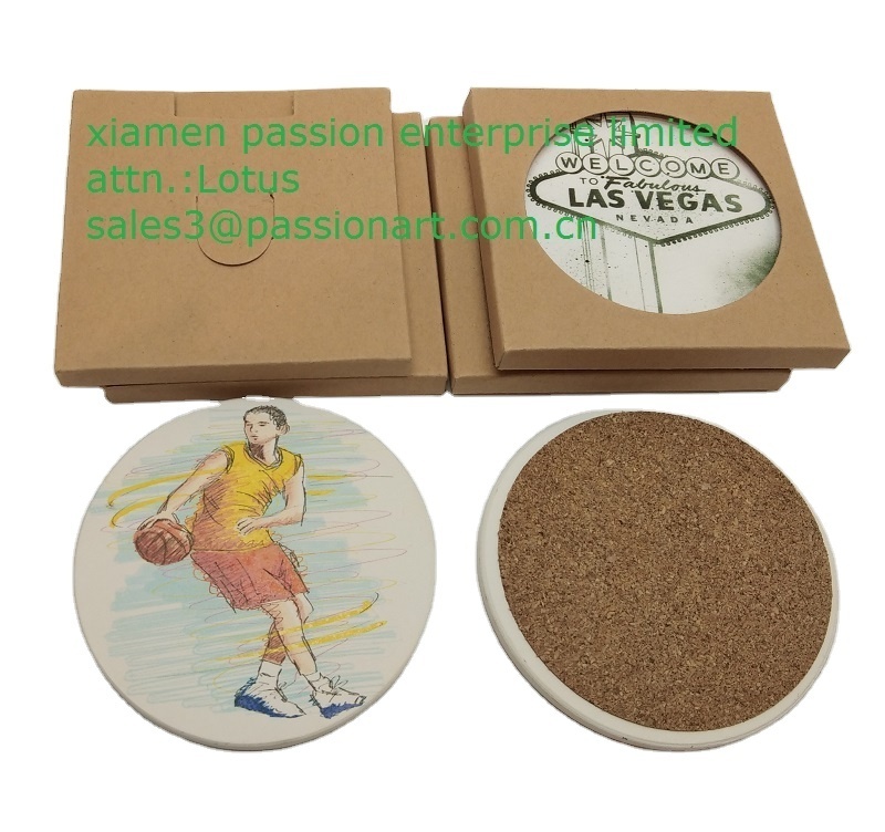 With craft paper box pack single ceramic coaster with cork back