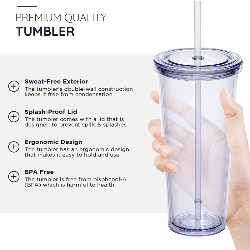 22oz Double Wall Plastic Tumblers with Lids and Straws Clear Classic Travel Tumbler Reusable Cups