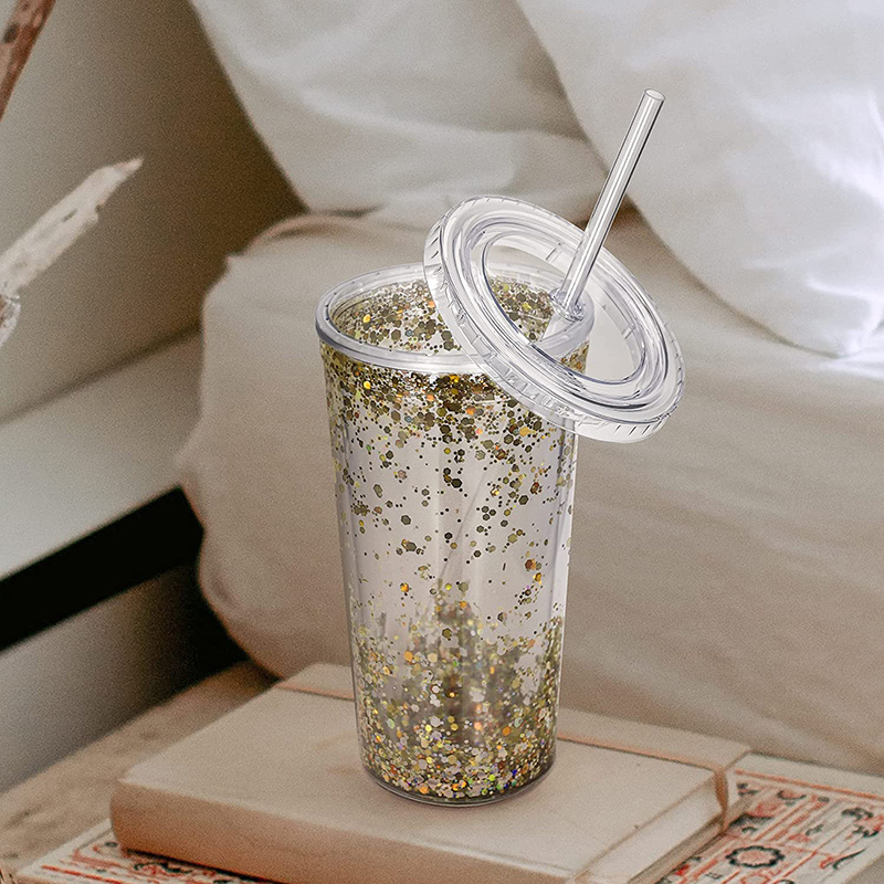 Acrylic Reusable Large Iced Coffee Tumbler with Lid and Straw 20oz Double Wall Plastic Insulated Tumblers for Snow Globe Glitter