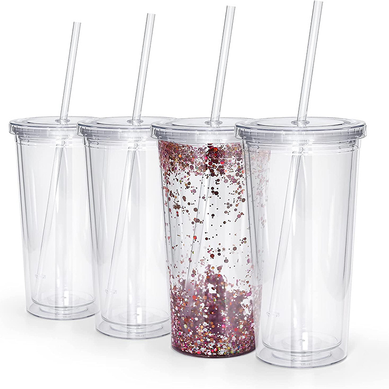 Acrylic Reusable Large Iced Coffee Tumbler with Lid and Straw 20oz Double Wall Plastic Insulated Tumblers for Snow Globe Glitter