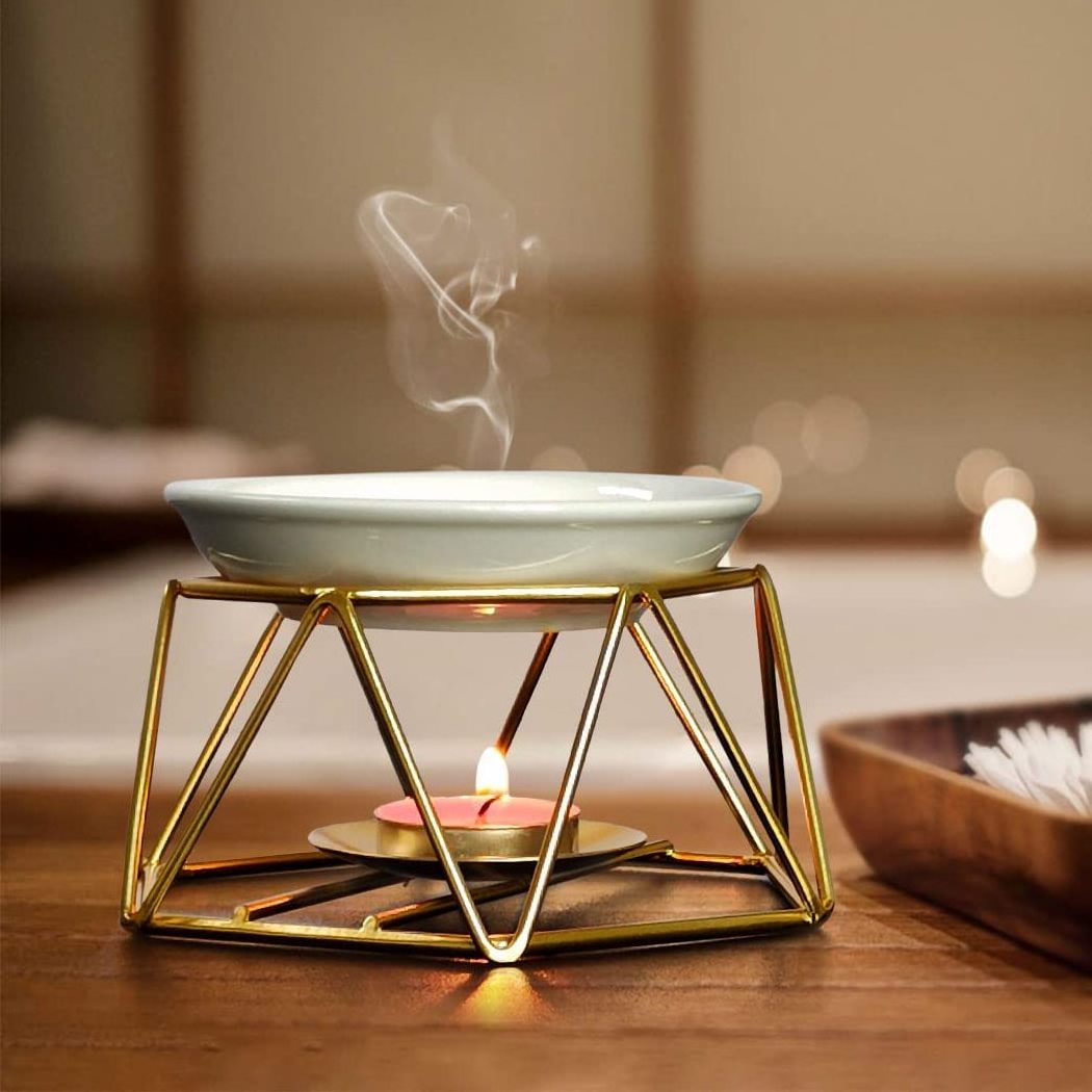 Wholesale tea light candle holder Golden Hexagon Shaped Geometric Design ceramic burner for fragrance oil