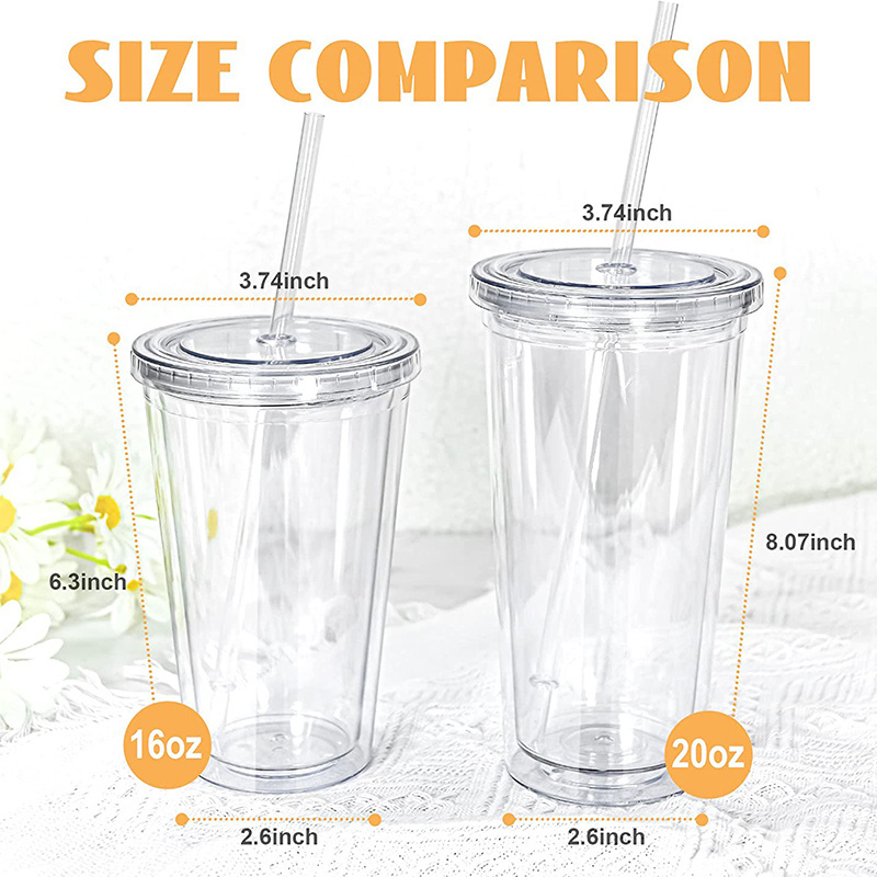 Acrylic Reusable Large Iced Coffee Tumbler with Lid and Straw 20oz Double Wall Plastic Insulated Tumblers for Snow Globe Glitter