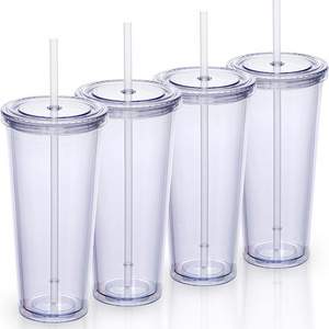 22oz Double Wall Plastic Tumblers with Lids and Straws Clear Classic Travel Tumbler Reusable Cups