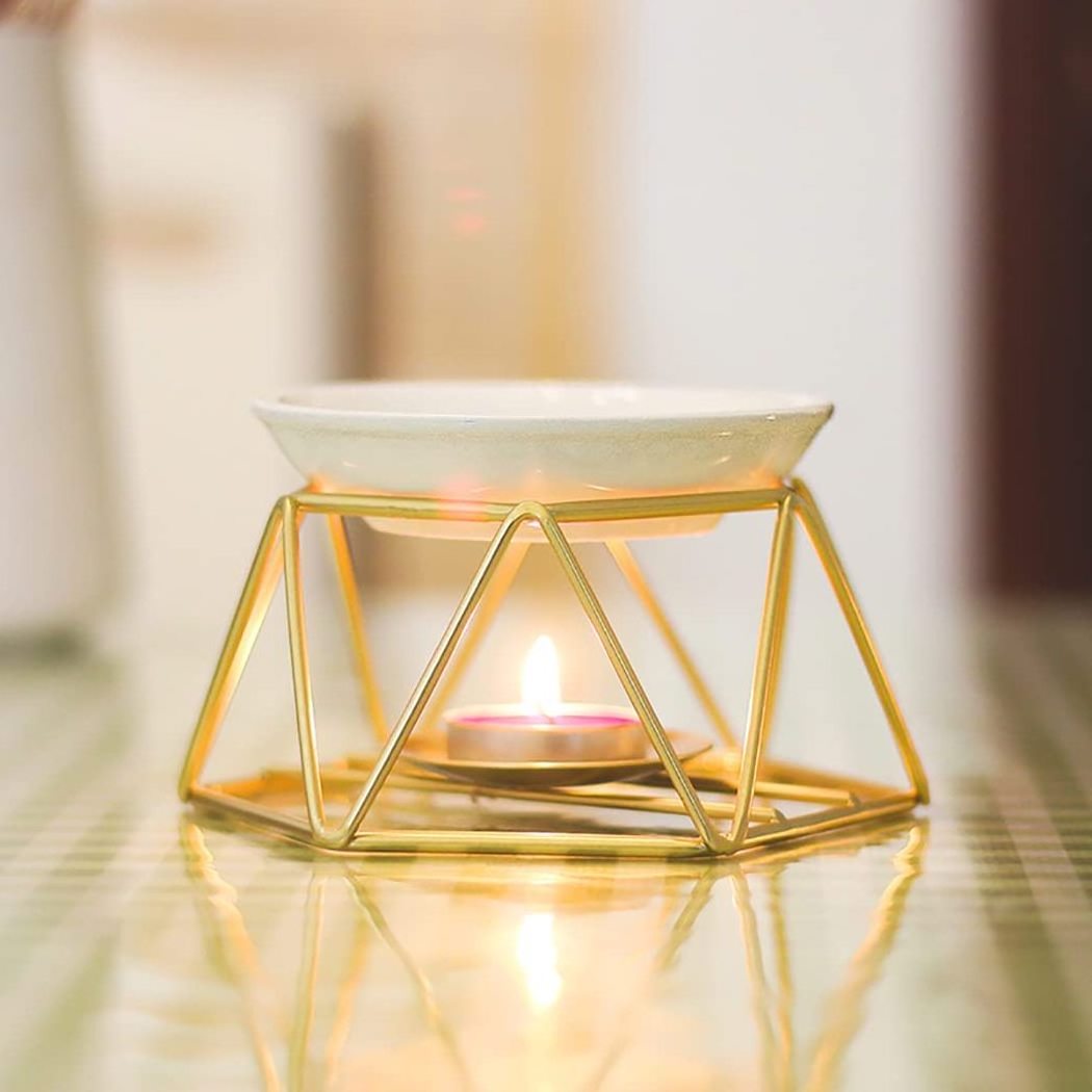 Wholesale tea light candle holder Golden Hexagon Shaped Geometric Design ceramic burner for fragrance oil