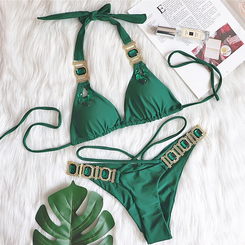 Luxury Jewelry Italian Sustainable Fabric Bikini Plain Strappy Tie Swimwear Wholesale Bathing Suit