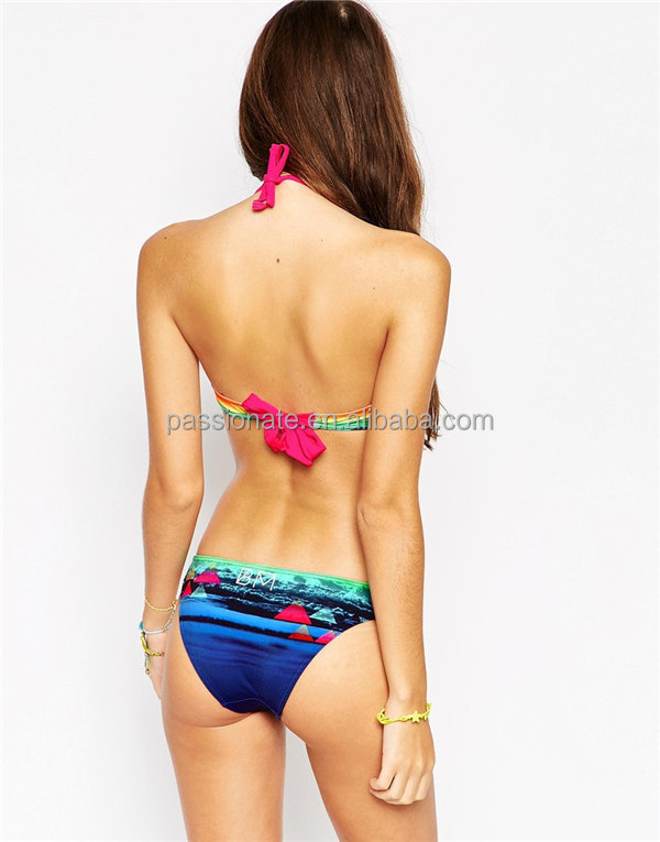 Custom rainbow print halter micro bandeau bikini