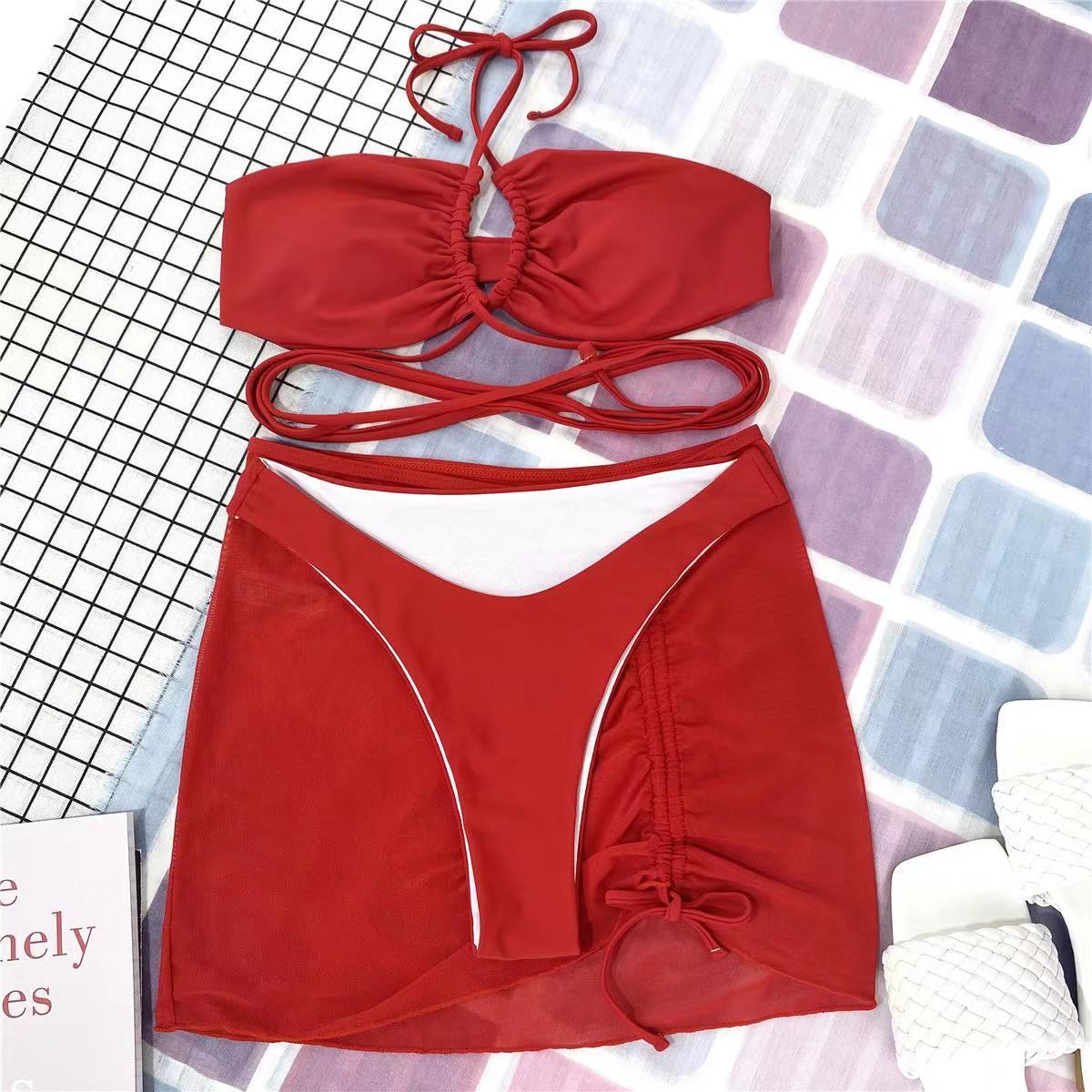 2023 New 3 Pieces Set Swimsuit Women High Waist Swimwear Sexy Lace Up Micro Bikini Set With Skirt Solid Beachwear Bathing Suit