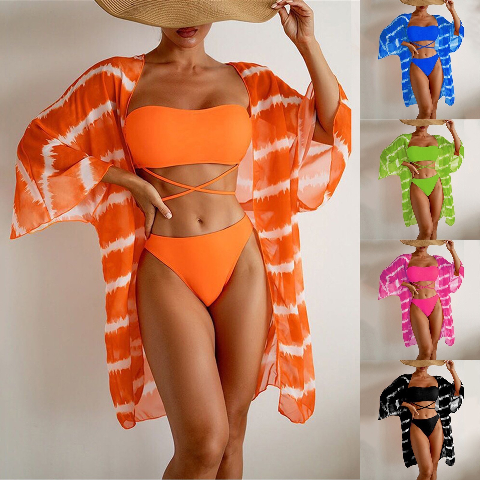 New 3 Piece Bikini Set Women Sexy High Waist Swimwear Long Sleeve Cover Up Bathing Suit Summer Push Up Beach Wear Swimsuit