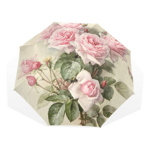 Vintage Shabby Floral Print Women Rain Umbrella Chic Pink Rose  Portable Umbrella Automatic Parapluie