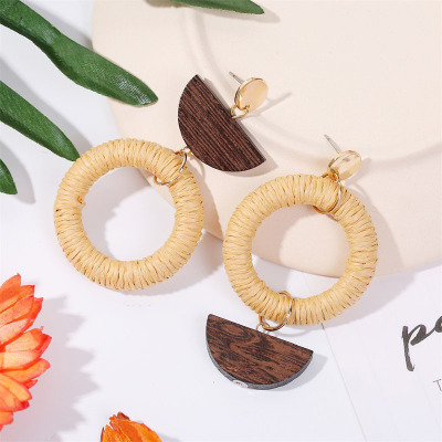 European and American Geometric Handmade Hemp Rope Rattan Wood Earrings for Women Jewelry