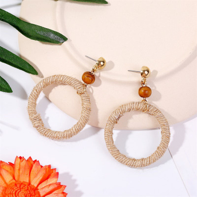 European and American Geometric Handmade Hemp Rope Rattan Wood Earrings for Women Jewelry