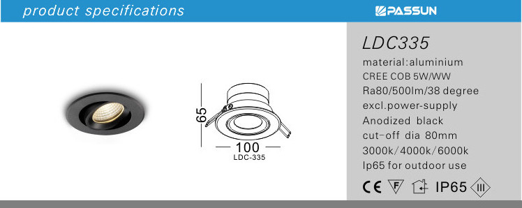 5w aluminium painted black waterproof ceiling recessed mounted adjustable LED outdoor down light