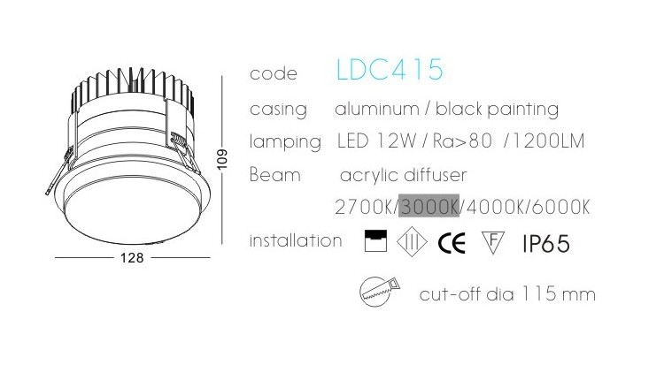 Aluminium and acrylic 12w ceiling recessed exterior down light waterproof IP65 LED outdoor ceiling light