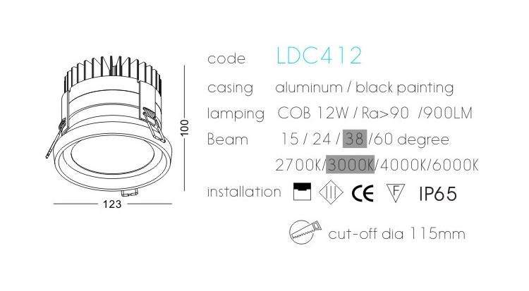 Aluminium black powder coated waterproof led recessed exterior down light IP65 LED outdoor ceiling light