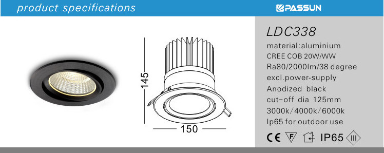 aluminium painted black ceiling recessed mounted outdoor IP65 waterproof LED spot light