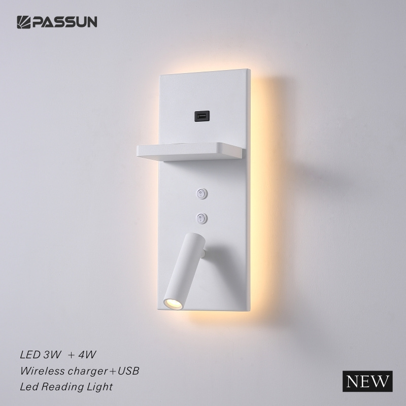 Bedroom modern decorate wall sconces with USB charger surface 3W+4W led reading wall light