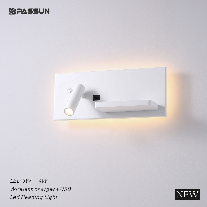 Bedroom modern decorate wall sconces with USB charger surface 3W+4W led reading wall light