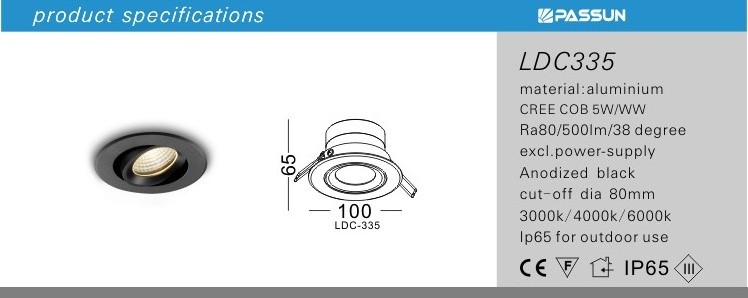 Black outdoor IP65 waterproof recessed mounted 5W COB led ceiling light