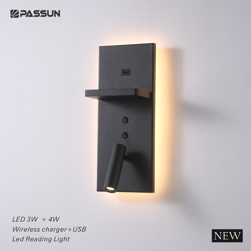 Bedroom modern decorate wall sconces with USB charger surface 3W+4W led reading wall light