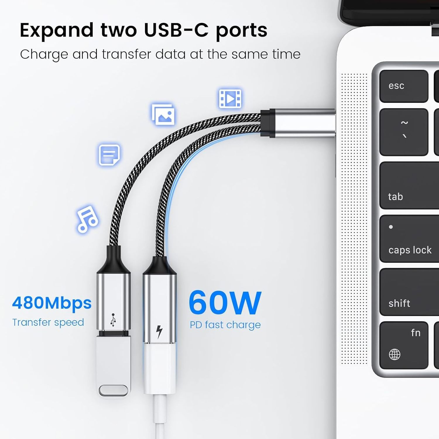 USB C to USB C Splitter Y Cable Adapter 2 in 1 USB C Splitter 60W PD Charging and data transfer