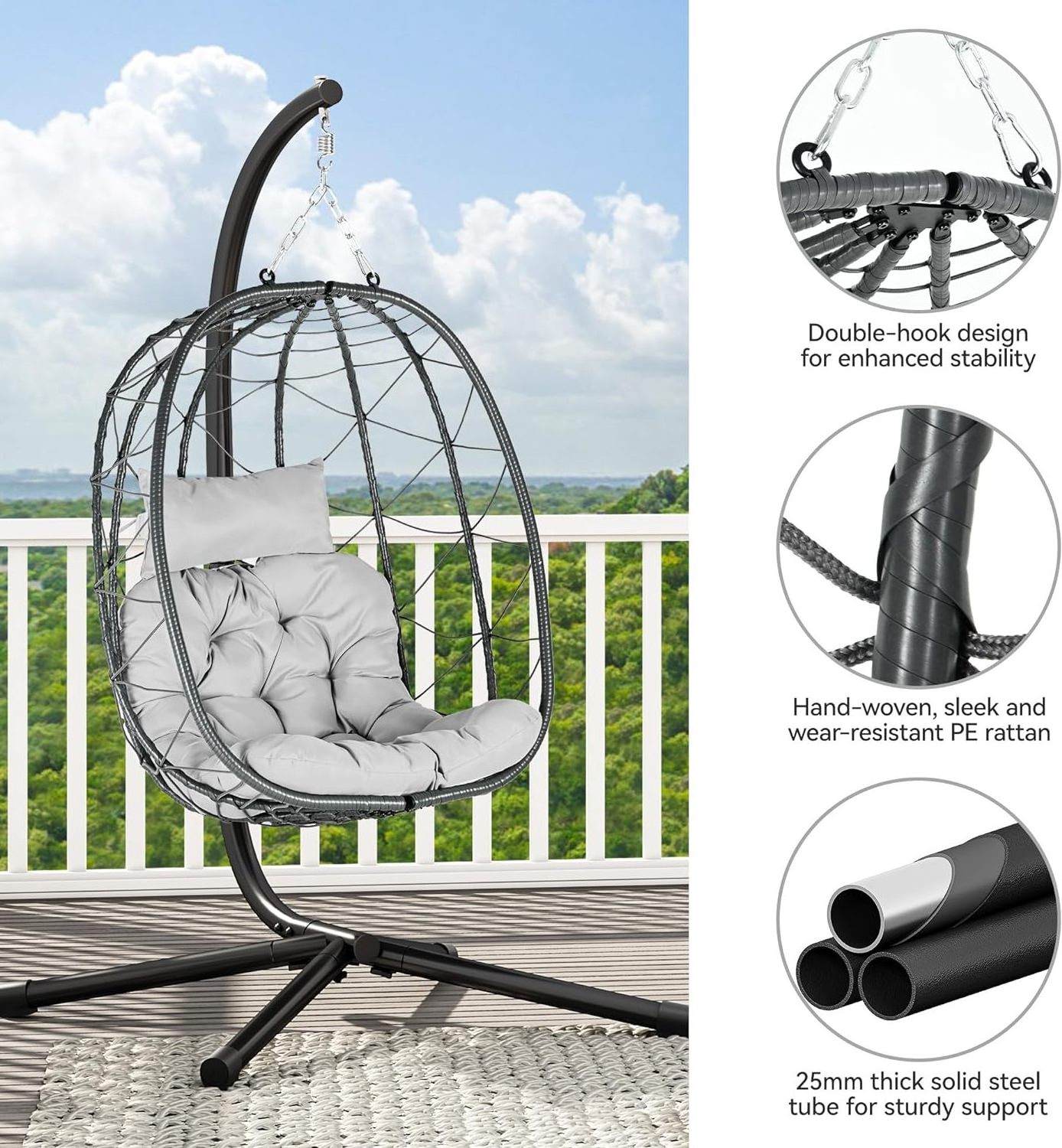 Indoor Outdoor Egg Hanging Chair with Stand Swing Egg Basket Chairs  Egg Chair Swing for Bedroom Garden and Balcony