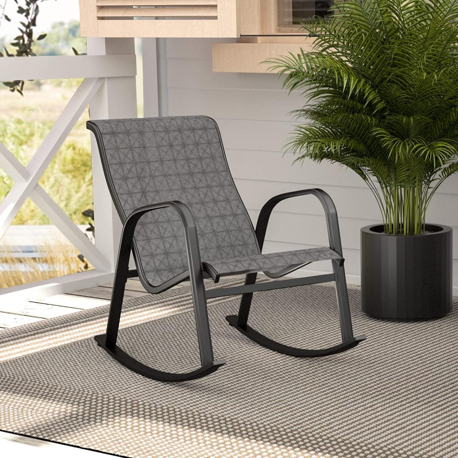 Patio Outdoor Rocking Chair Mesh Sling Rocking Chair Seating Outside for Front Porch Garden Patio Backyard