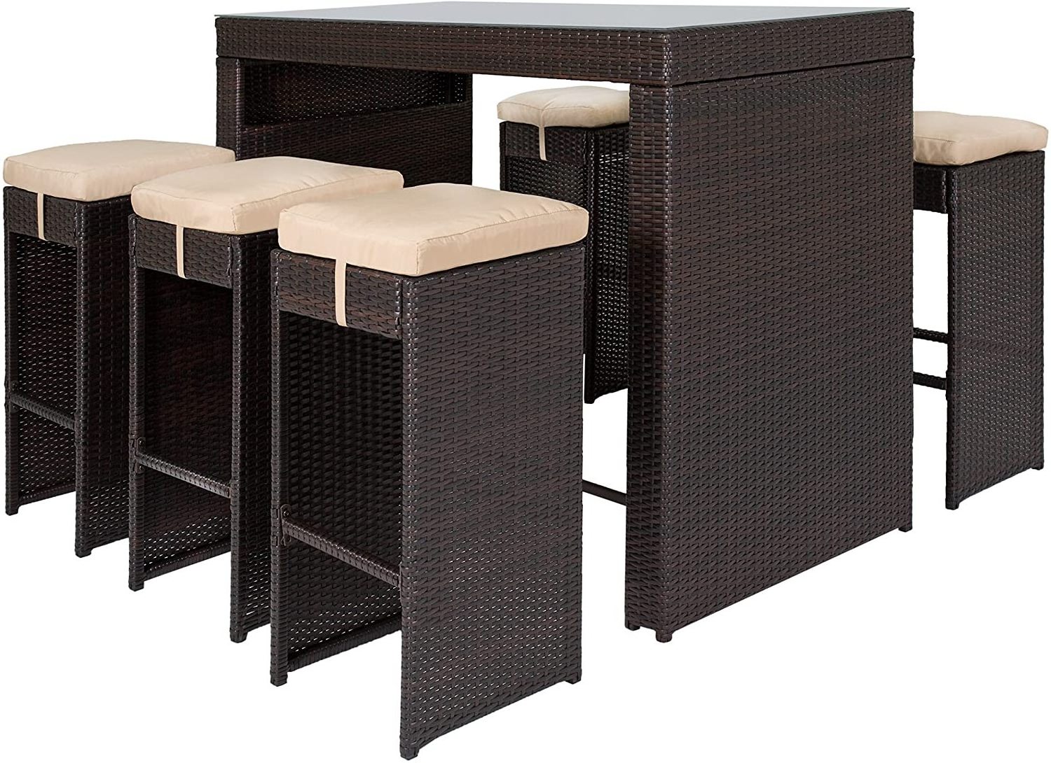 7-Piece Outdoor Rattan Wicker Bar Dining Patio Furniture Set w/Glass Table Top and 6 Stools