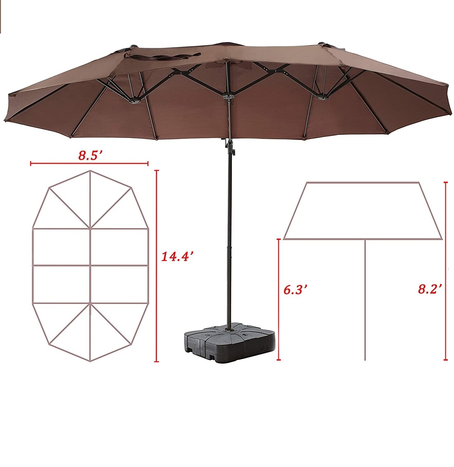 15FT Outdoor Patio Double Sided Umbrella Large Hanging Twin Ventilation Cantilever Offset with Steel Pole Handle Crank&Cross