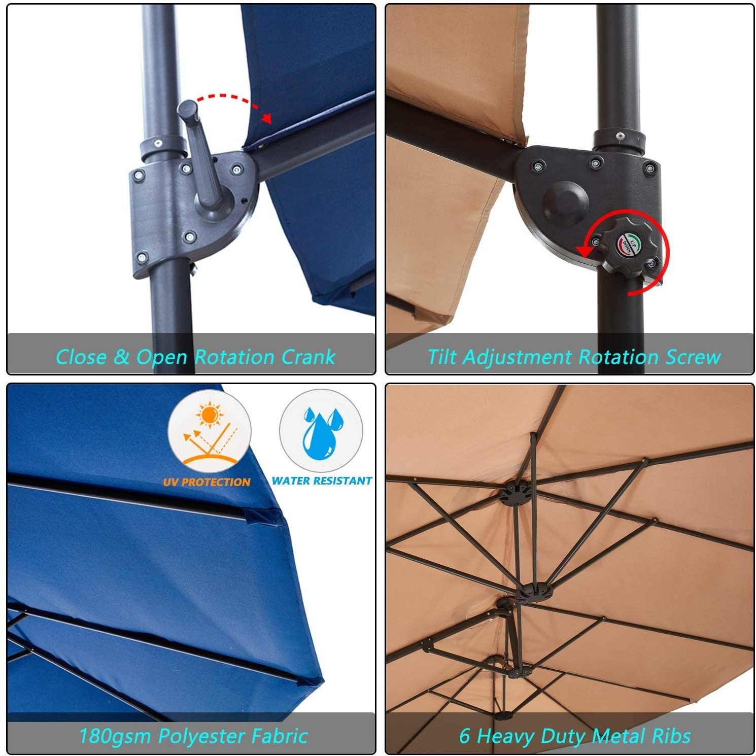 15FT Outdoor Patio Double Sided Umbrella Large Hanging Twin Ventilation Cantilever Offset with Steel Pole Handle Crank&Cross