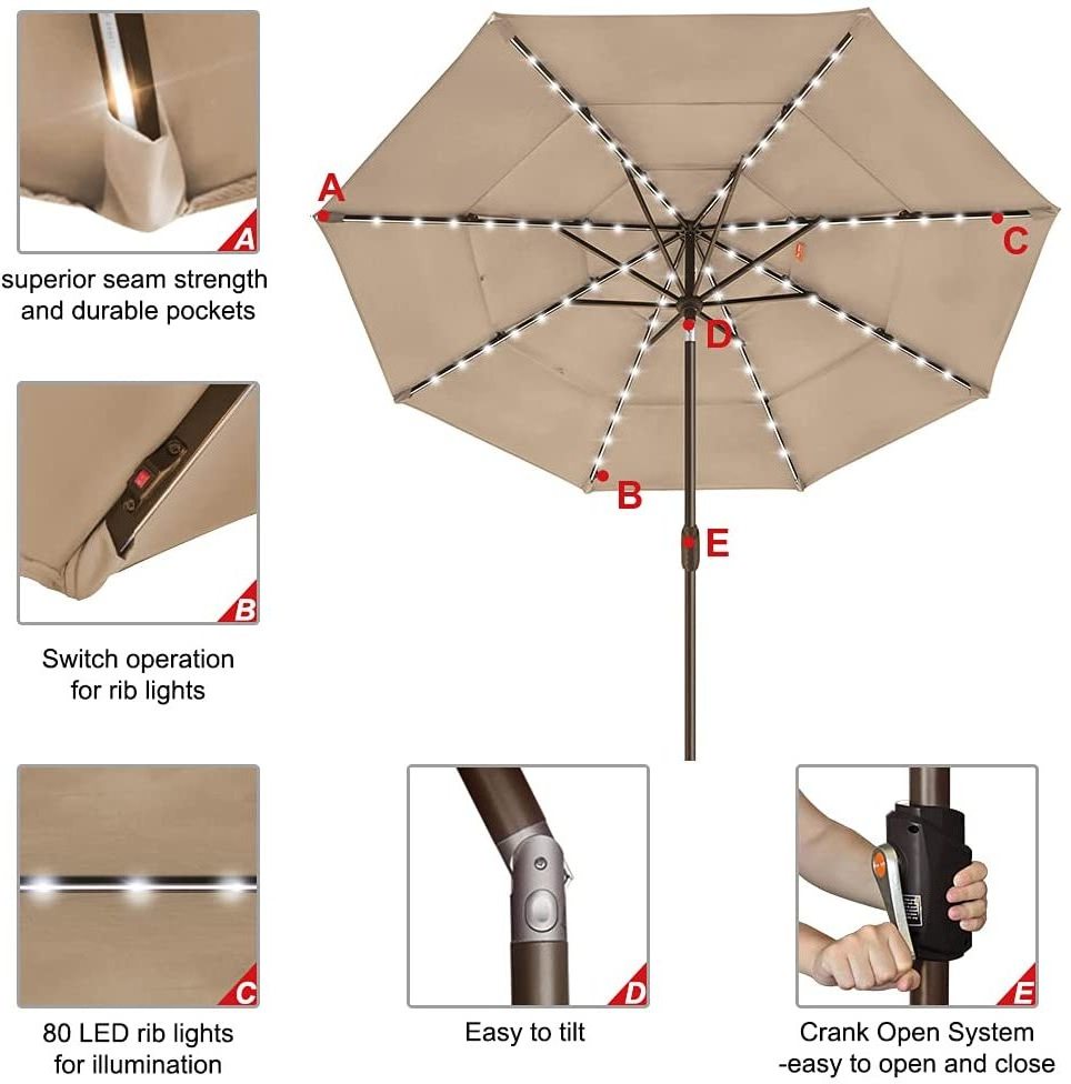 Solar 9ft 3 Tiers Market Umbrella with 80 LED Lights Patio Umbrellas Outdoor Table with Ventilation