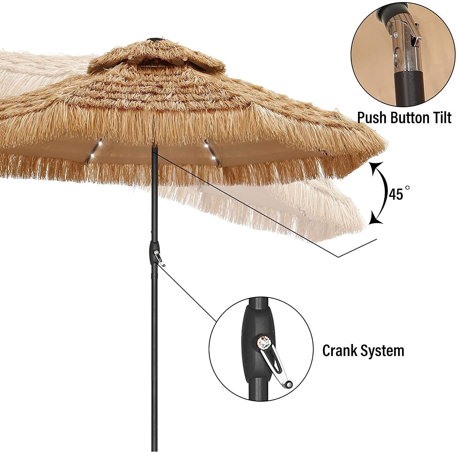 9ft Thatched Patio Tiki Solar Umbrella with Tilt, 32 built-in LED lights 2 Tier Hawaiian Style Beach Patio Umbrella (NO Base)