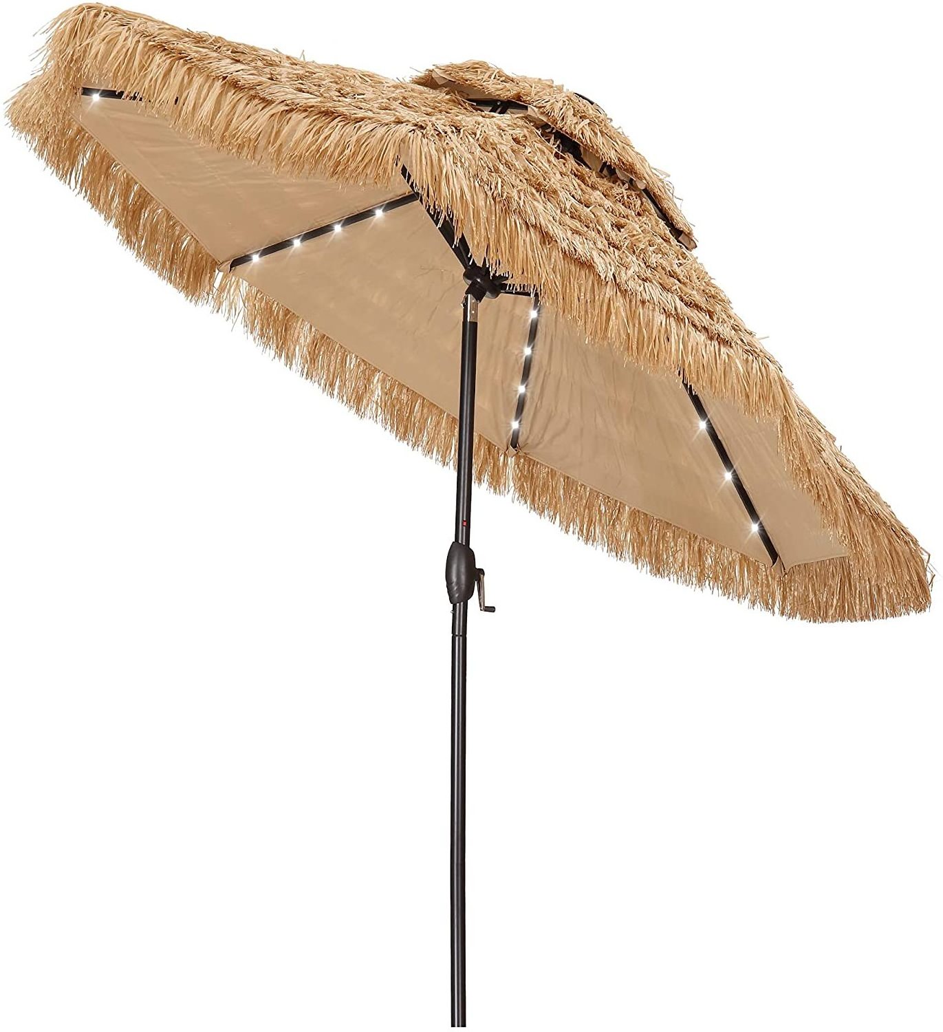 9ft Thatched Patio Tiki Solar Umbrella with Tilt, 32 built-in LED lights 2 Tier Hawaiian Style Beach Patio Umbrella (NO Base)