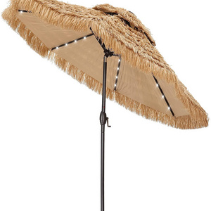 9ft Thatched Patio Tiki Solar Umbrella with Tilt, 32 built-in LED lights 2 Tier Hawaiian Style Beach Patio Umbrella (NO Base)