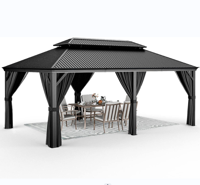 12 x 20 ft Hardtop Gazebo Outdoor Wood Grain Frame Aluminum Gazebo Double Roof Permanent  Canopy with Netting and Curtains