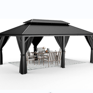 12 x 20 ft Hardtop Gazebo Outdoor Wood Grain Frame Aluminum Gazebo Double Roof Permanent  Canopy with Netting and Curtains