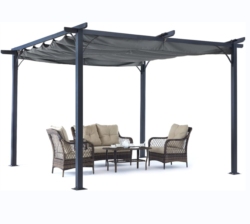 Patio Pergola 10x10 FT Gazebo Outdoor Sun Shade Canopy  with Retractable Shade for Garden Porch Backyard