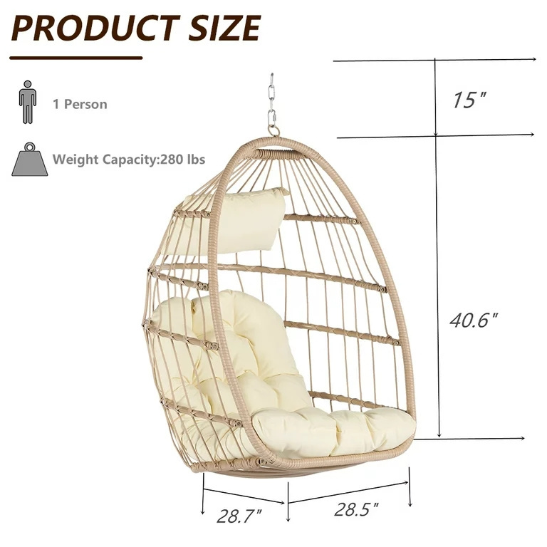 Ceiling Patio Wicker Hanging Chair Swing Hammock Egg Basket Chairs UV Resistant Cushions for Patio Backyard Balcony