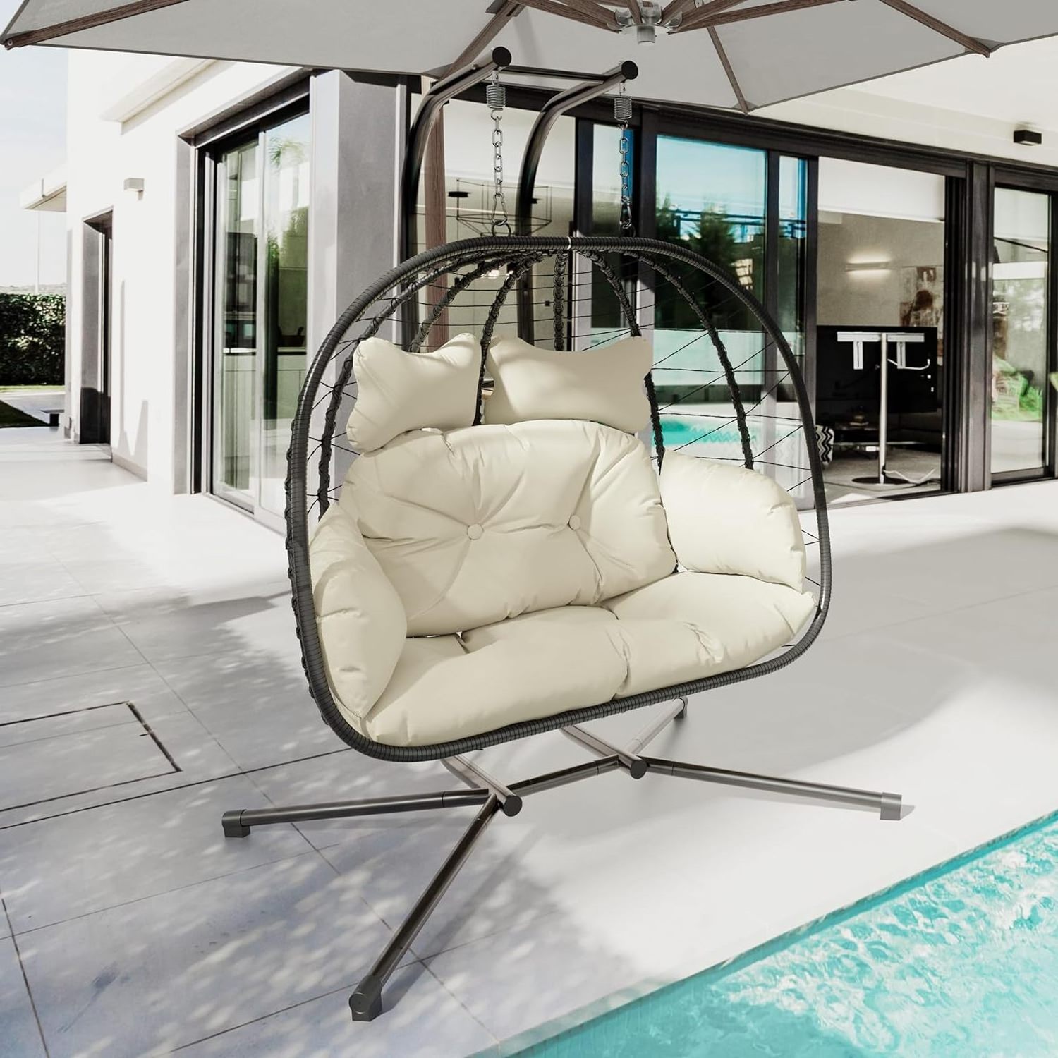 Double Indoor/Outdoor Wicker Swing Egg Chair Hammock Foldable Hanging Loveseat with Stand for Bedroom  Balcony Garden