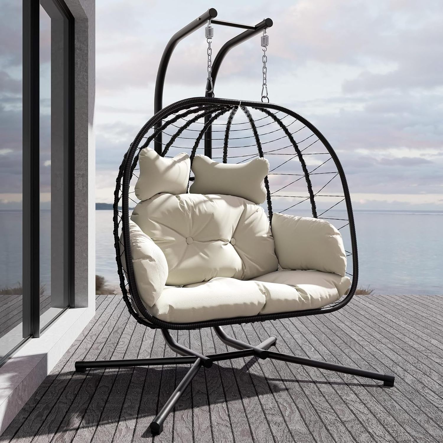 Double Indoor/Outdoor Wicker Swing Egg Chair Hammock Foldable Hanging Loveseat with Stand for Bedroom  Balcony Garden