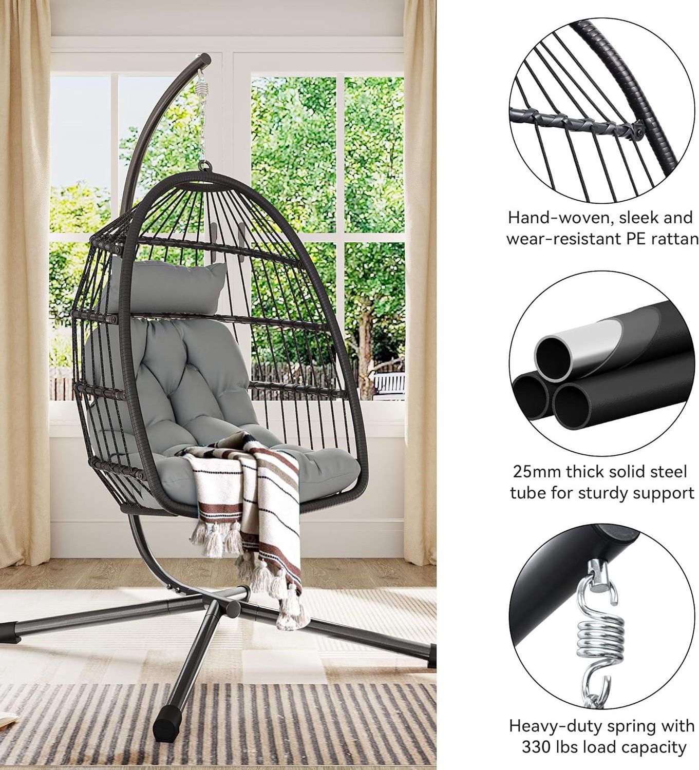 Hanging Egg Swing Chair Wicker Indoor Outdoor Hammock Egg Chair with Stand and cushion for Patio Bedroom Garden and Balcony